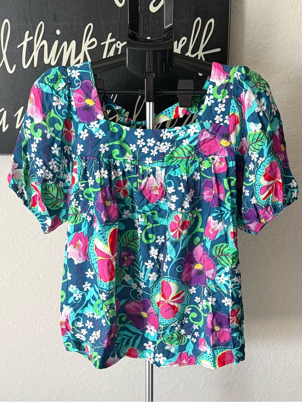 Emily Wonder Floral Peasant Blouse - Vibrant Teal and Pink